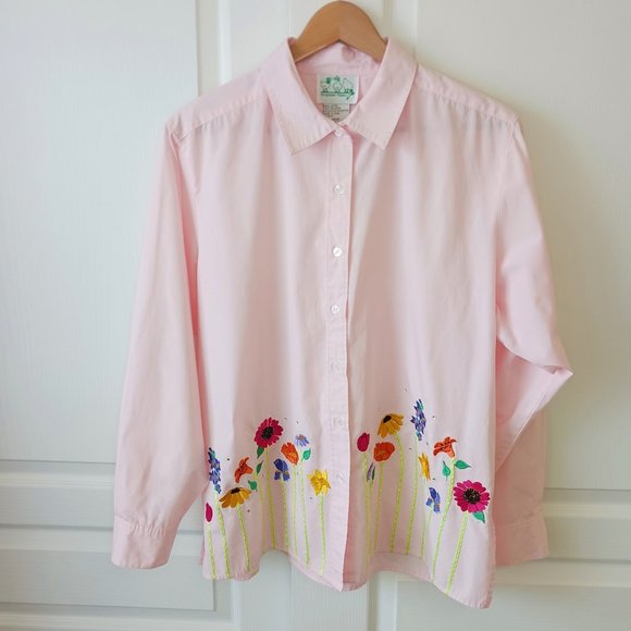 Quacker Factory Women's Pink Embroidered Floral Border Print Shirt Size L - Picture 1 of 15